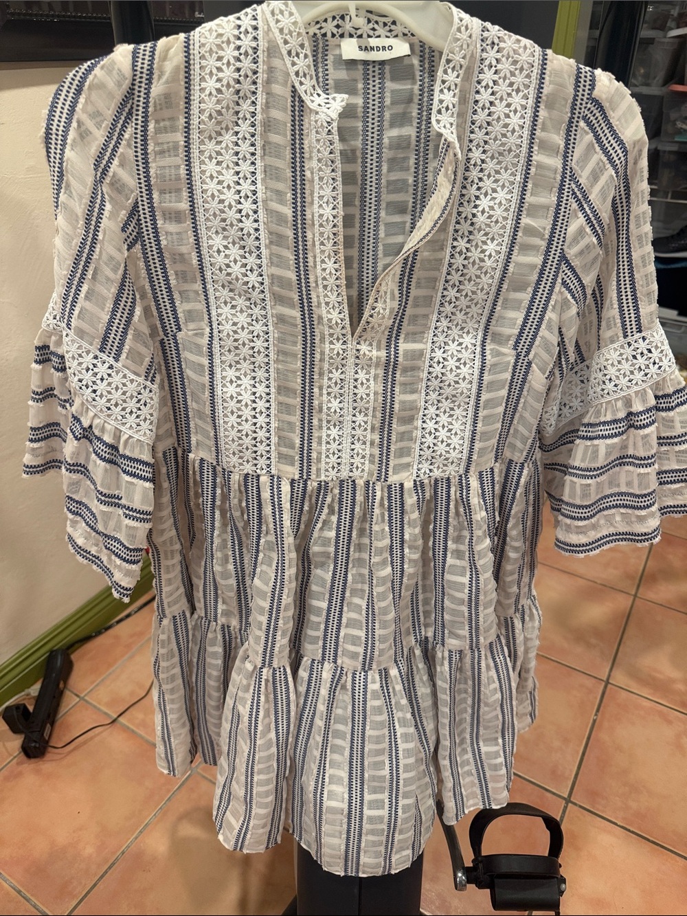 Sandro White and Navy Striped Lace-Trim Mini Dress